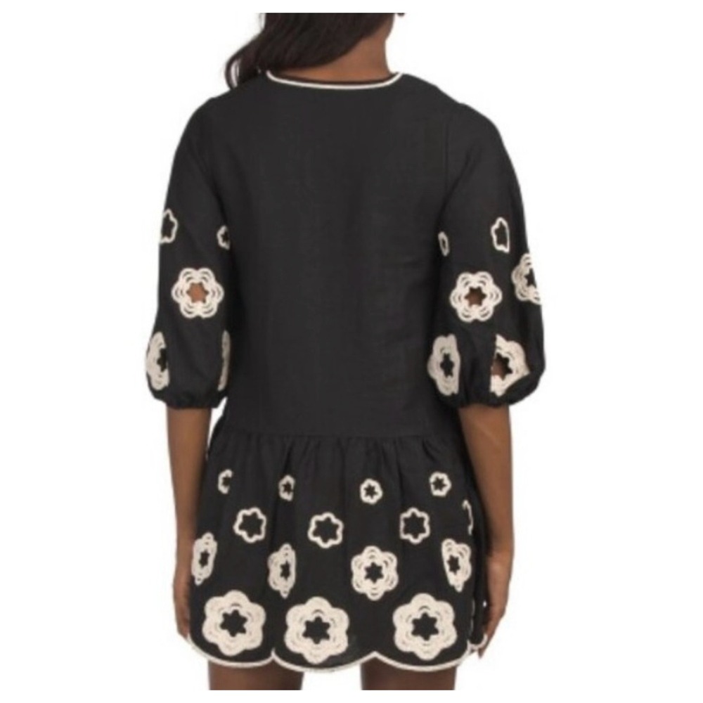Camila Coelho Revolve Black Linen Crochet Embroider Tassel Lace Up Mini Dress M - Picture 2 of 12